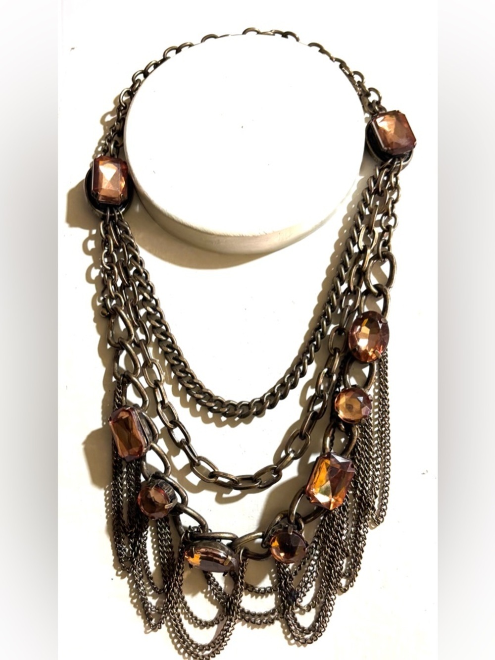 Layered Gunmetal Necklace with Amber Crystal Accents